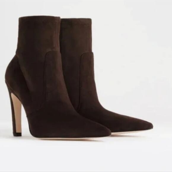 NEW Good American Icon Brown Suede Neoprene Heeled Ankle Boot - Picture 3 of 10